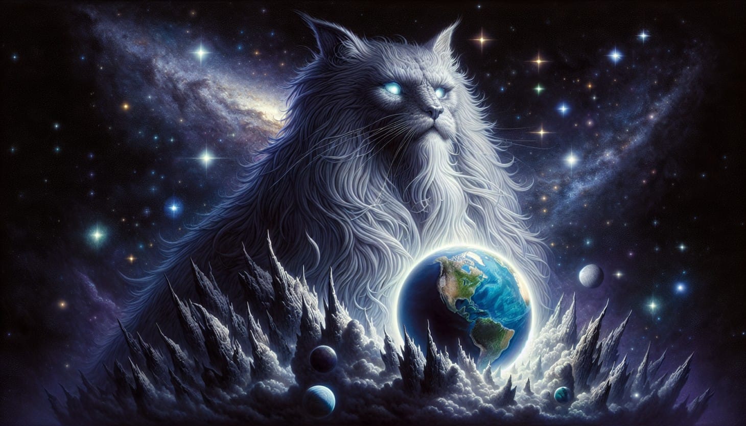 A planet-sized long-hair grey cat god watches over the tiny planet Earth.