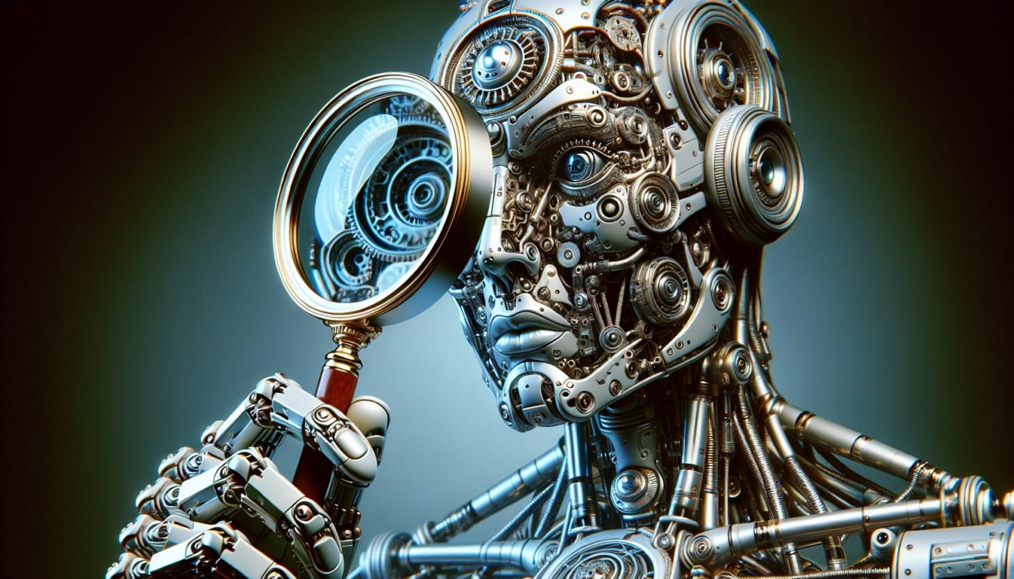 An android with visible metal framing stares carefully through a classic magnifying glass.