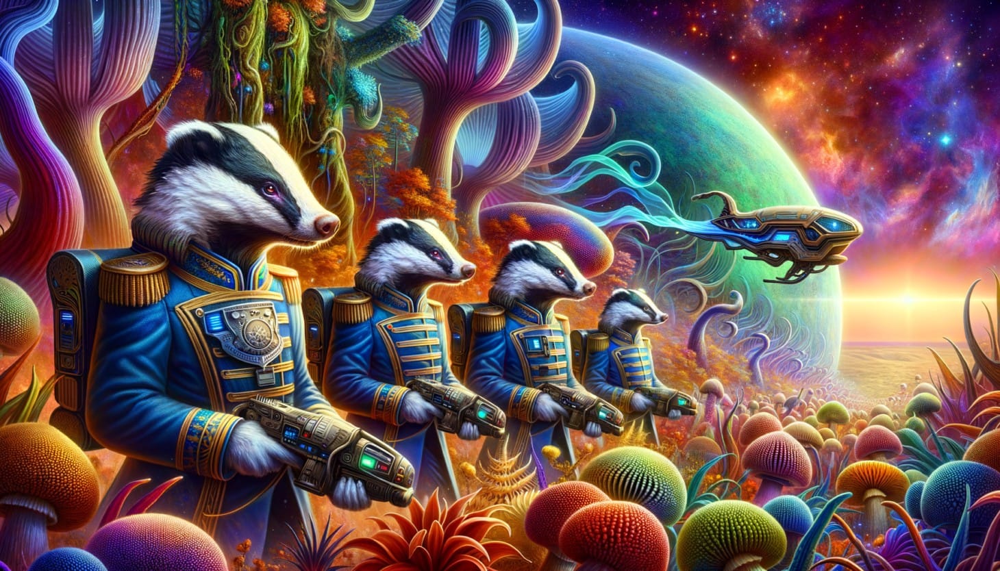 A row of badgers in sci-fi uniform in a landing party on a weird and colourful alien planet.