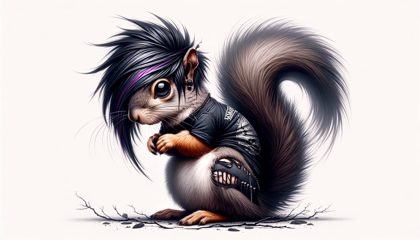 A solitary squirrel dressed and styled like an Emo with an appropriately melancholy expression.