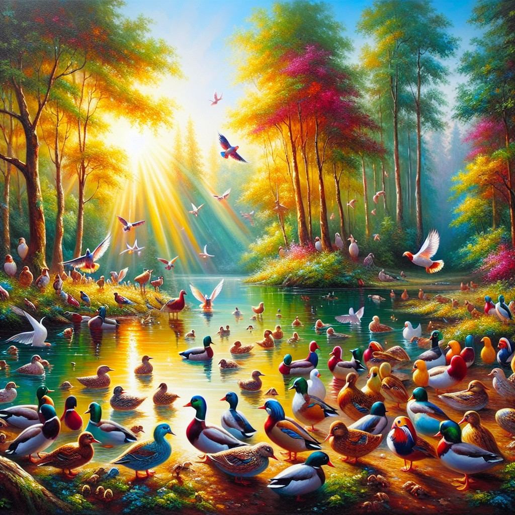 A painting with unnaturally colourful hues depicts a lake a-buzz with ducks and other birds.