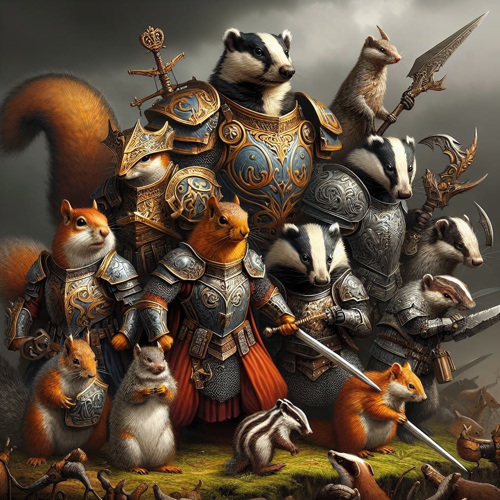 A squad of armoured and armed badgers and squirrels stand ready to fight on a battle field