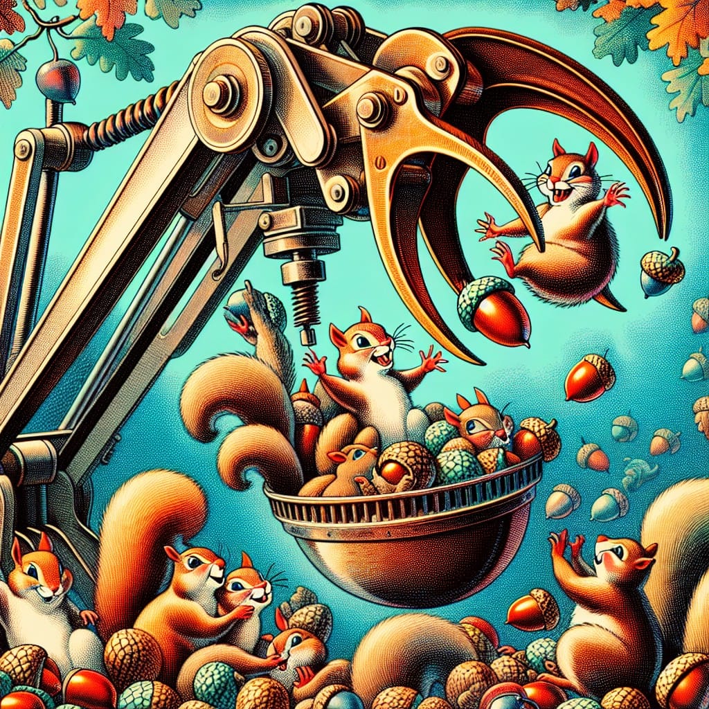 A machine grabber arm scoops a bundle of squirrels and multicoloured nuts.