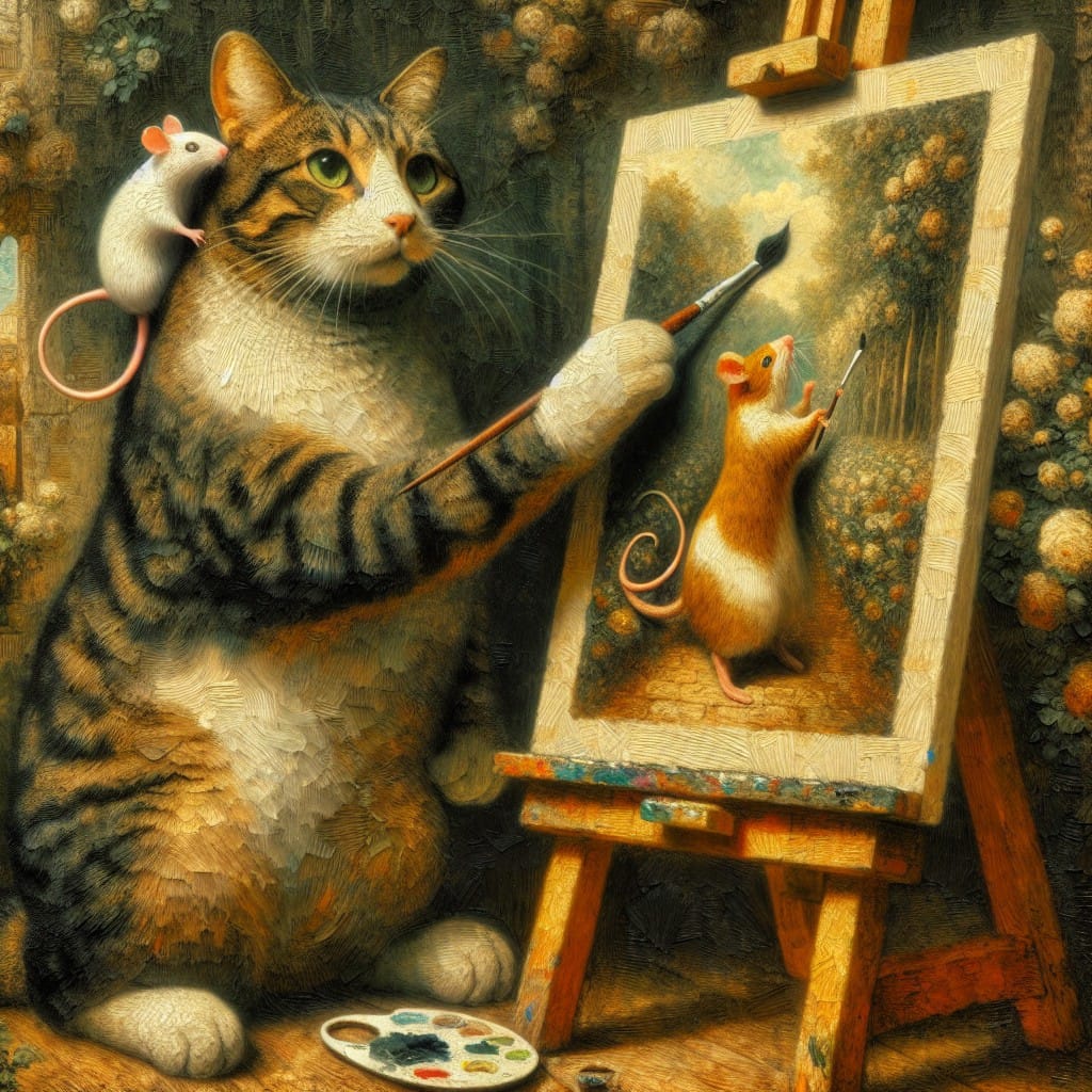 An oil painting of a mouse sitting on the shoulder of a cat who's painting a picture of a mouse painting a picture.